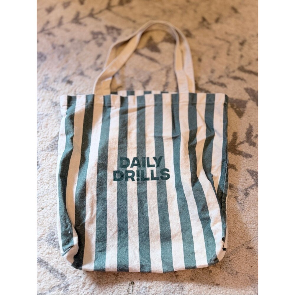 Daily Drills Green and Cream Striped Canvas Tote - Picture 2 of 5